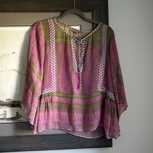Calypso Boho Pink/Green Long-sleeved Peasant Top - XS